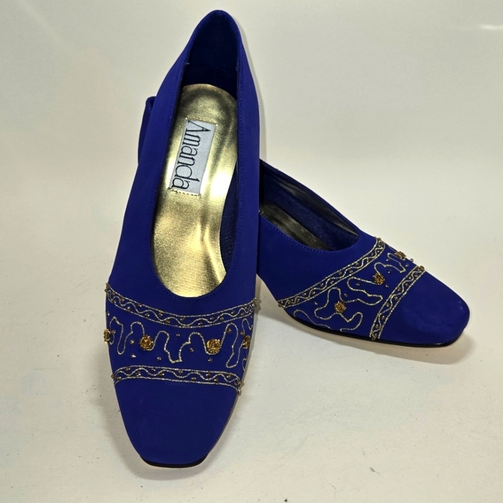 Amanda Vintage Women's Shoe Pump 8.5 Blue Suede Gold Trim Excellent Condition